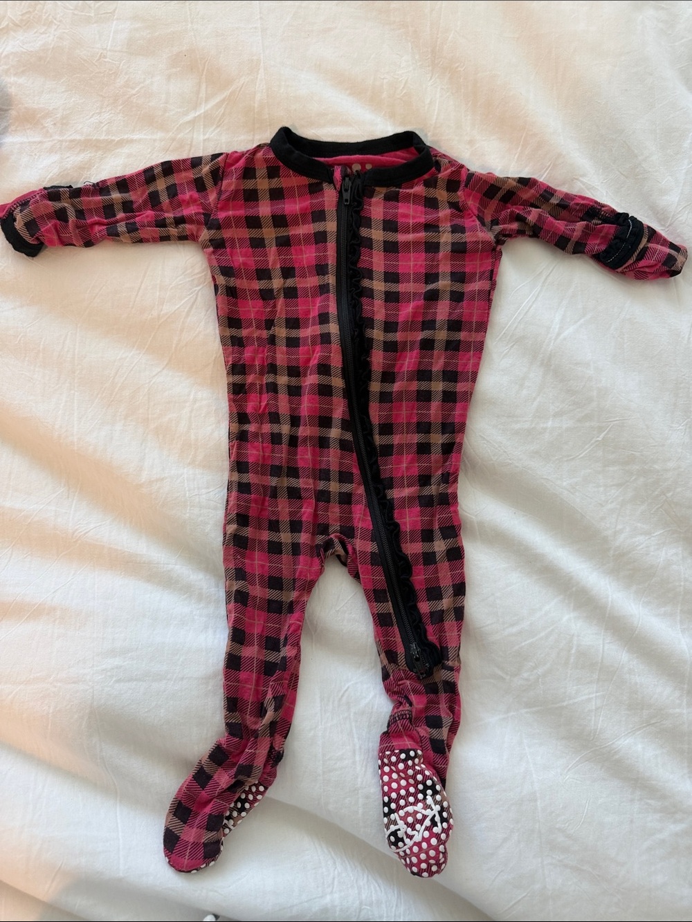 Posh Peanut Pink and Black Plaid Footed One-Piece